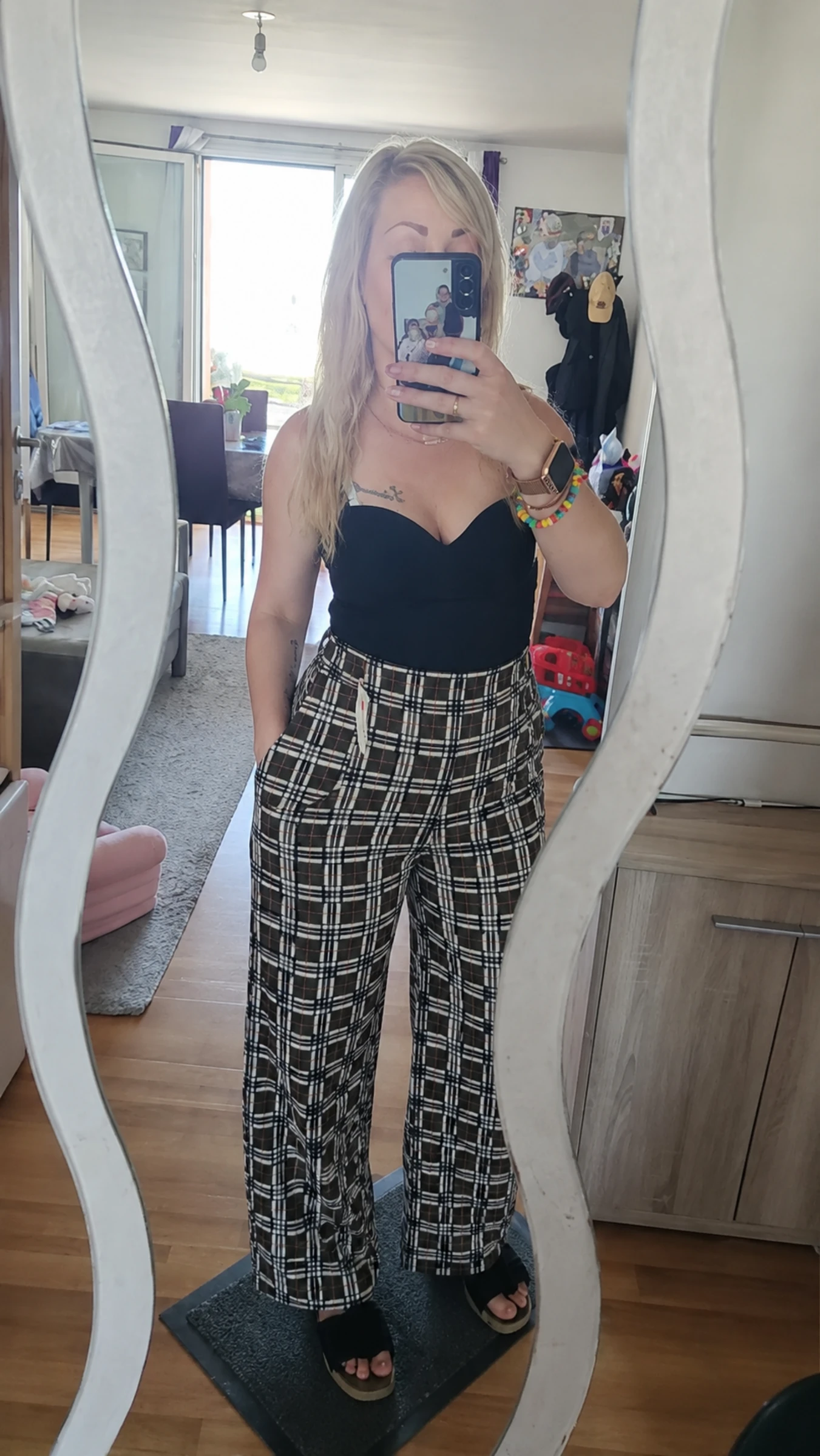 Pantalon large à carreaux pattes d'éléphant ●Taille M●🌸 Mensuration en description